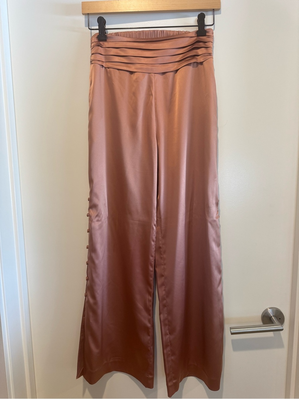 Jonathan Simkhai Ruched Waist Satin Wide-Leg Pants in Rose Beige